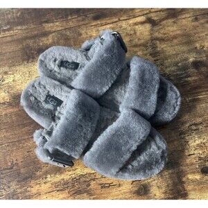 Ugg Fuzz Yeah Women's Size 7 Sheepskin Slide Lock Slipper Shoes Open Toe Gray